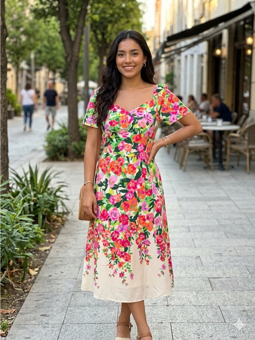 Dress Maggy London Cream Floral Midi Dress with Pink & Green Blooms size 18